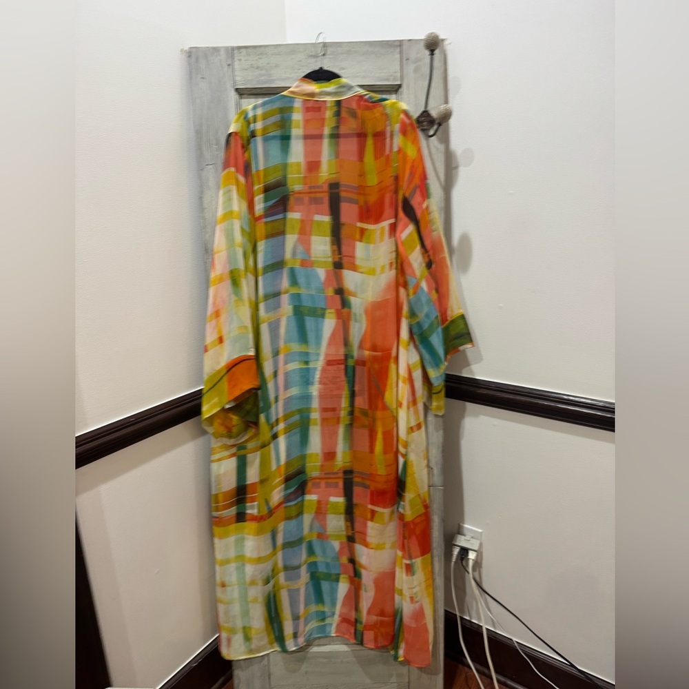 Lightweight Abstract Print Long Kimono Robe - Yellow Multi - Picture 6 of 7